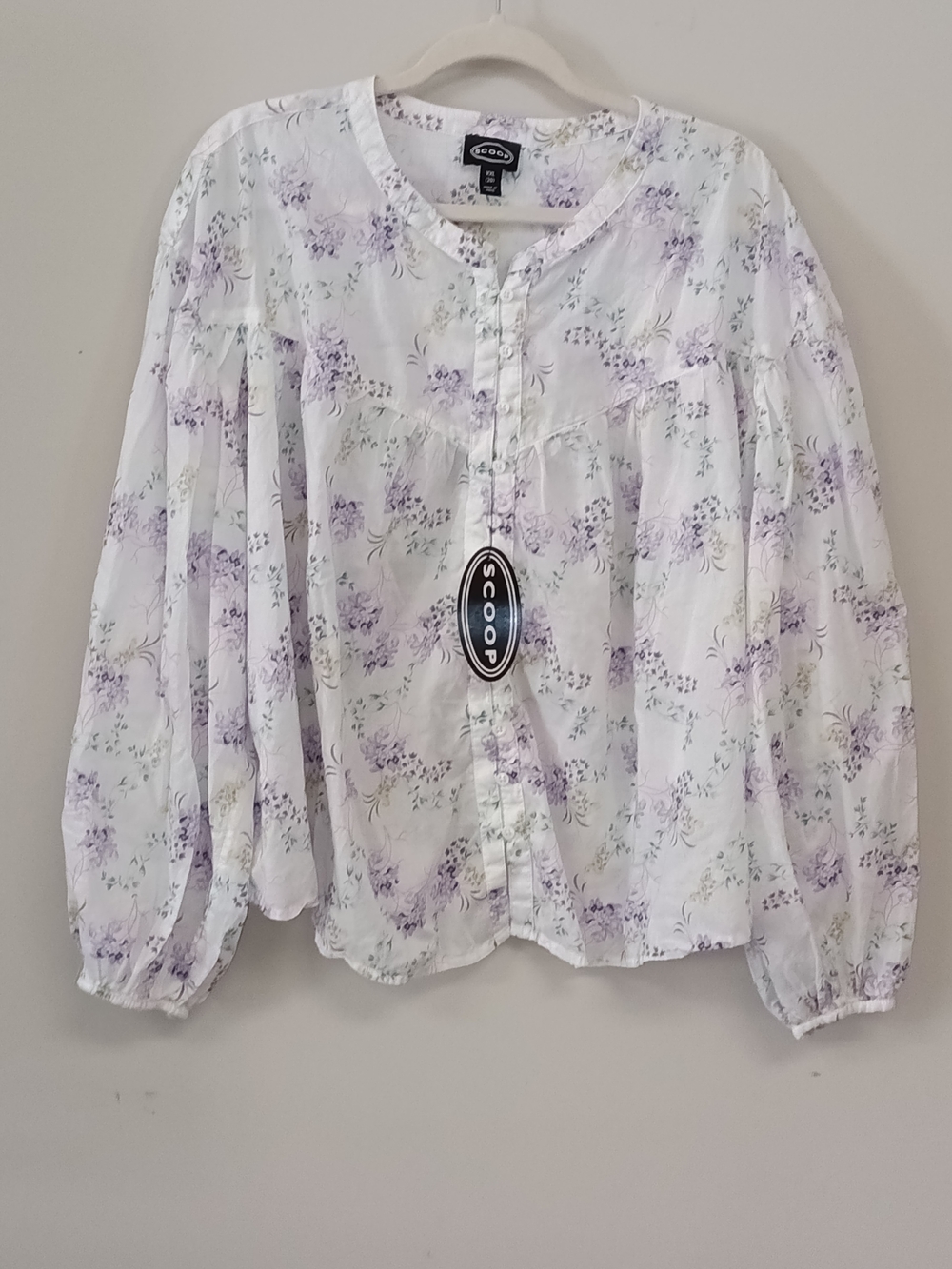NWT Scoop XXL White Floral Button Up Balloon Sleeve Babydoll Swing Top Prairie